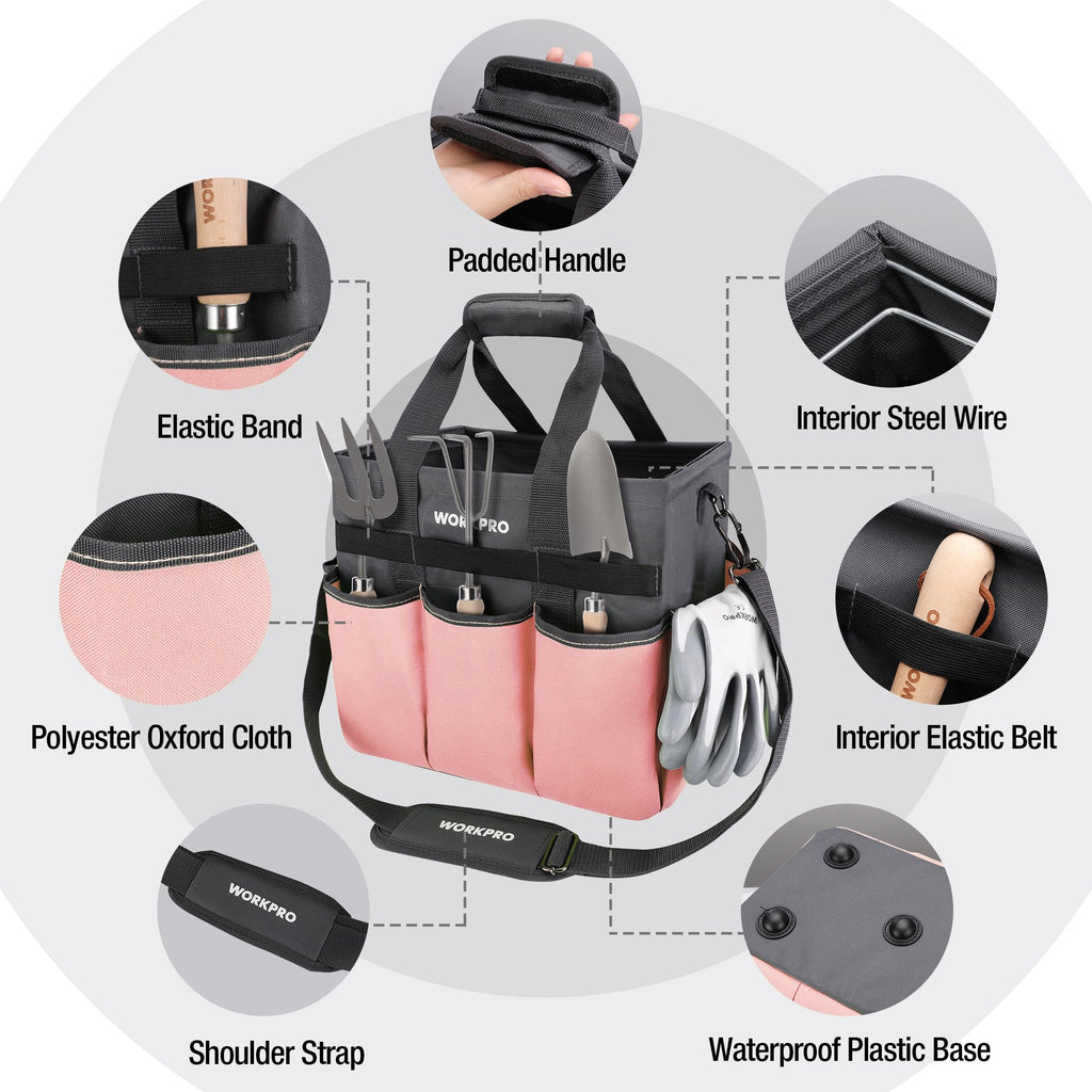 WORKPRO Garden Tool Bag, 10 Pockets and Shoulder Strap, Pink