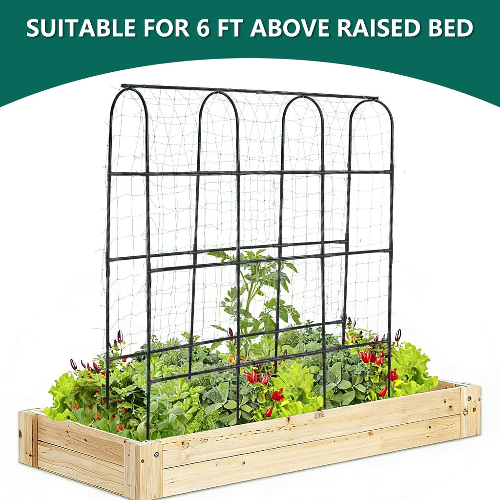 SUMGROW 6 ft Tall, Garden Trellis for Climbing Plants Outdoor with Nylon Net for Cucumbers Vines Beans Raised Bed - Lightweight Metal, Black