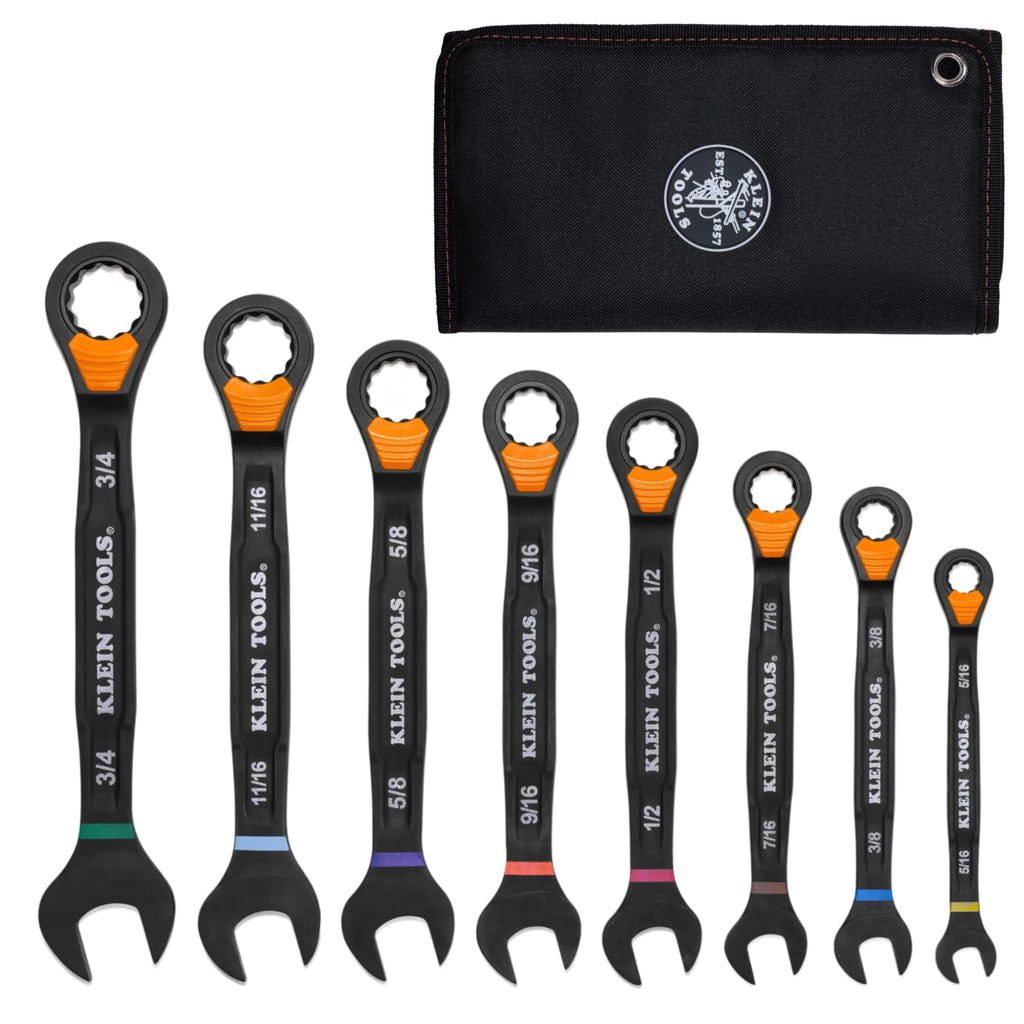 KLEIN TOOLS 69508 SAE Ratcheting Combination Wrench Set, 8-Piece, Slide-Lock 90-Tooth Ratchet, I-Beam Handle, Color-Coded Size Markings, Roll Pouch Storage