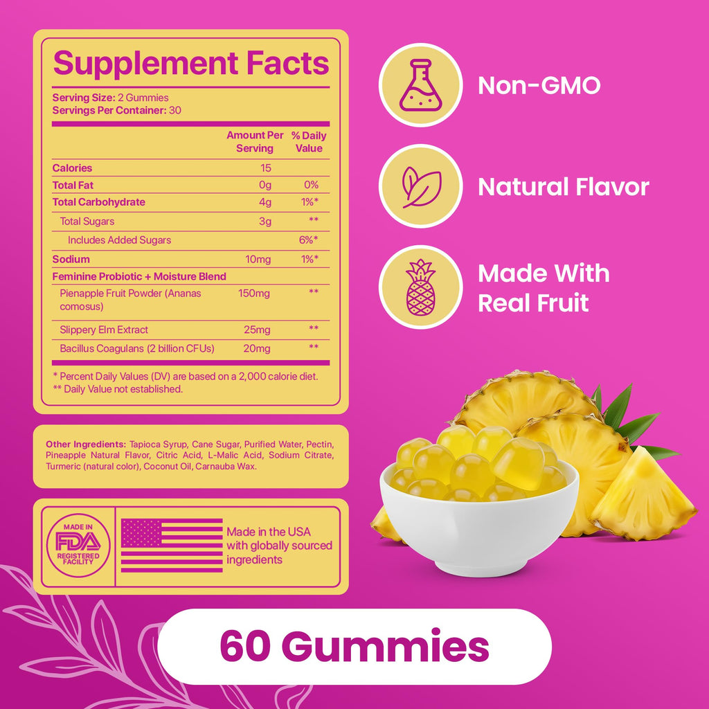 KITTYQUEEN Slippery Kitty Feminine Probiotic and Moisture Gummies, Pineapple Flavor, Women’s Probiotic Gummies for Vaginal Health, pH Balance, Odor Control, Flora Support and Moisture Boost, 60 Count