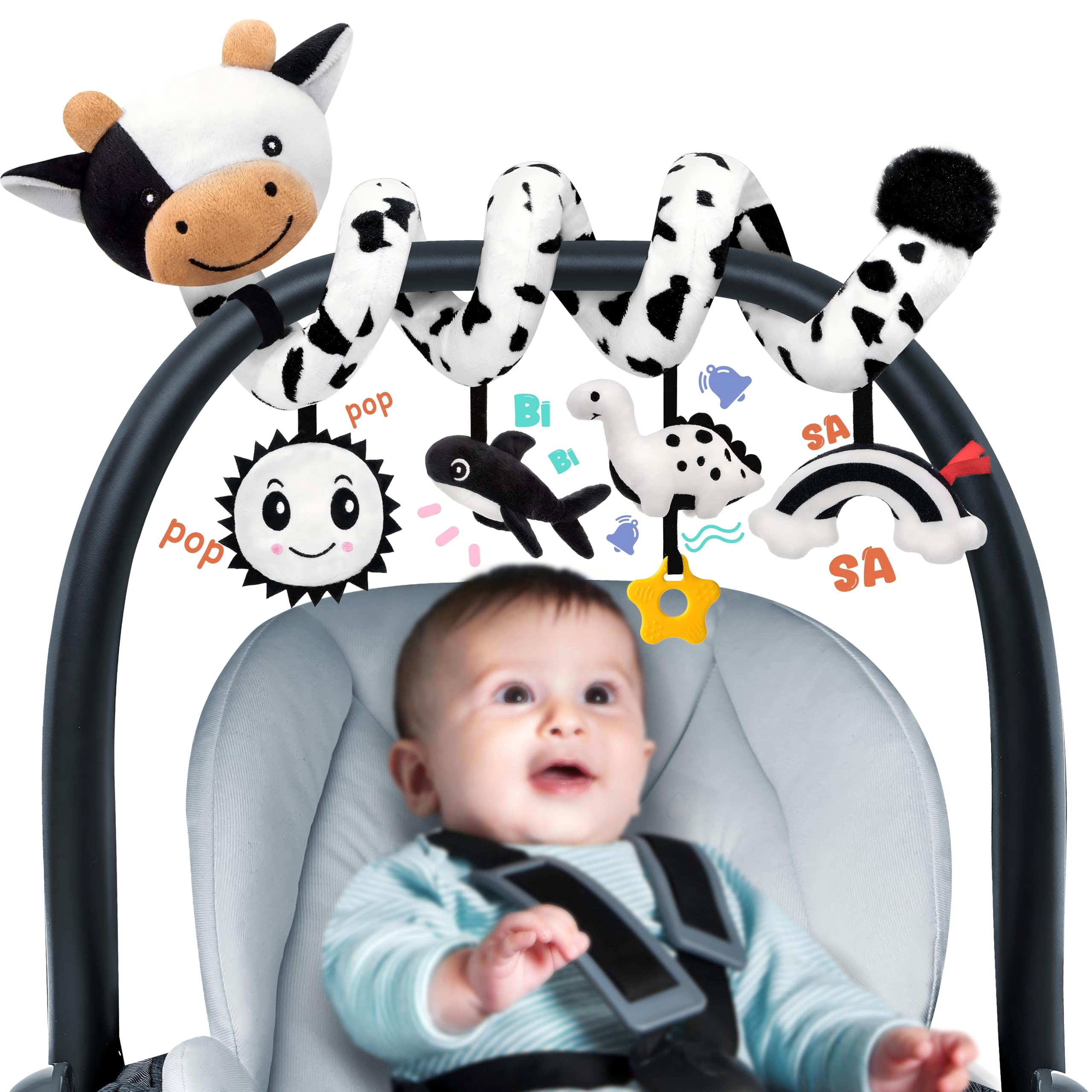 Spiral Car Seat Baby Toys 0-6 Months, Infant Carseat High Contrast Sensory Toys Hanging Stroller Accessories, Newborn Gifts for Baby Boys Girls Essentials, Cute Black and White Cow