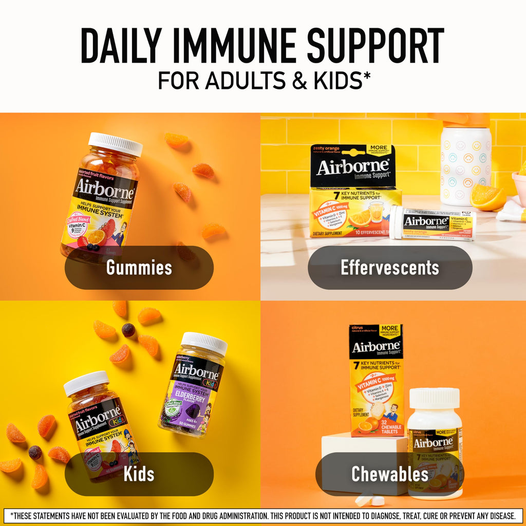Airborne Immune Support Gummies, Assorted Fruit Flavor, 63 Ct - 750 mg Vitamin C + Vitamins A, D & E + Zinc, Selenium, and Manganese | with Herbal Blend | Naturally Flavored