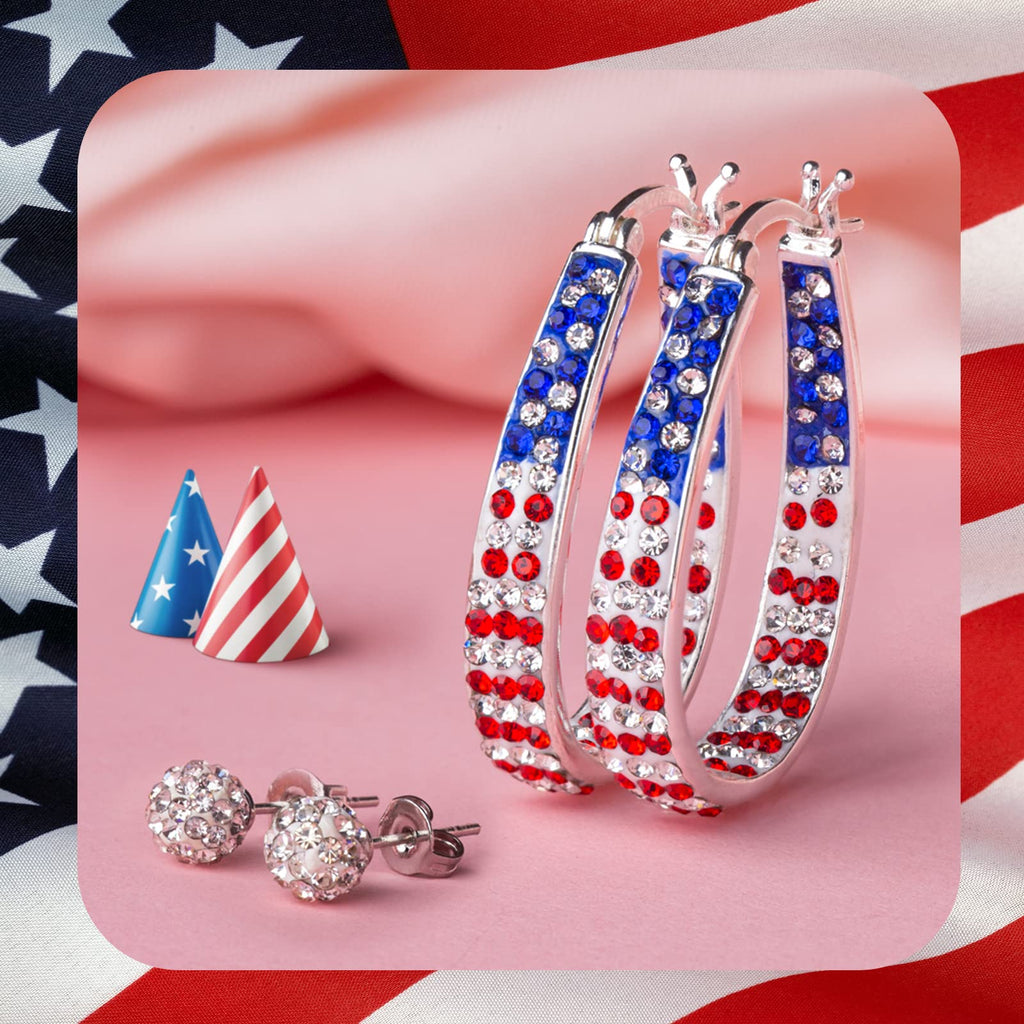 Crystal Hoop Earrings for Women Sparkly American Flag Earrings Silver Plated Red White and Blue Earrings Patriotic Jewelry Gift