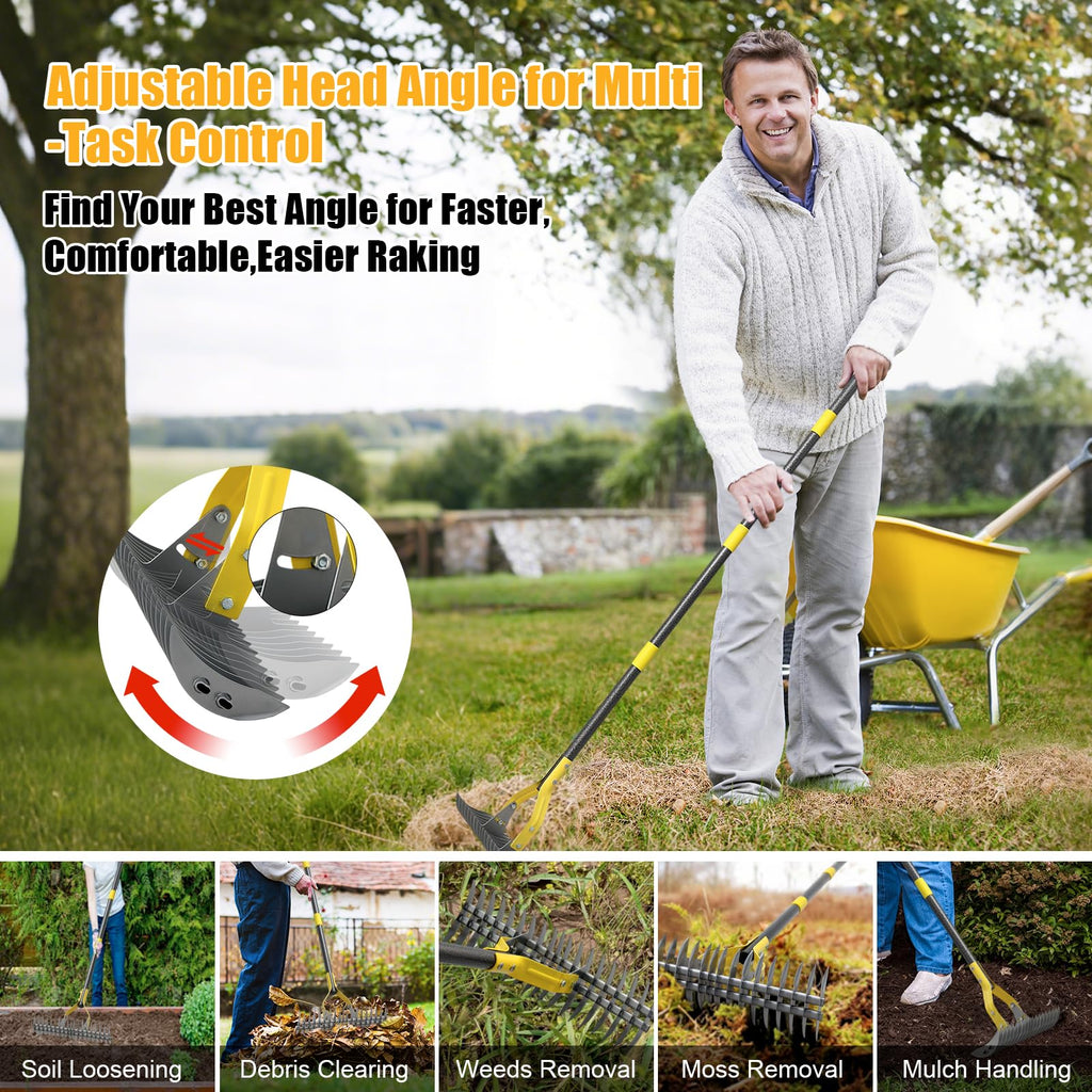 Heavy Duty Thatch Rake for Lawns -15" Dual-Action Dethatcher Thatching Rake with Sharp Blade for Dead Grass Removal,Soil Loosening,Lawn Dethatching,70" Manual Thatcher for Yard,Garden, Lawn