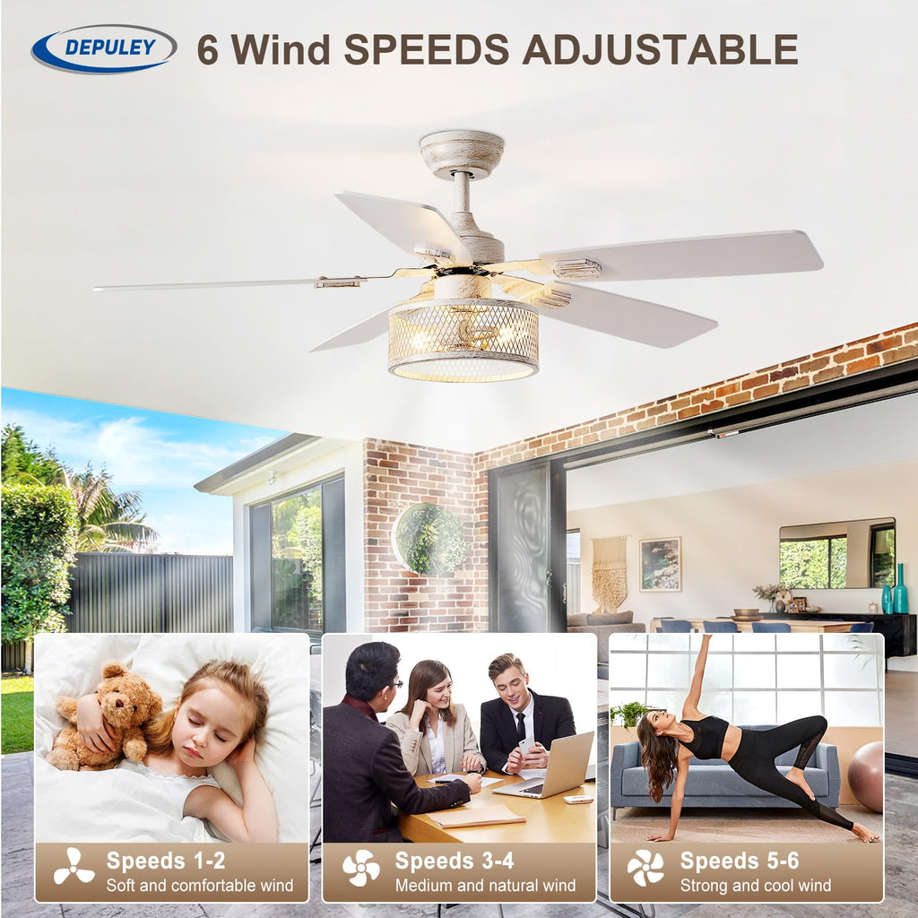 Depuley 52in Ceiling Fans with Lights: 2 Pack White Gold Caged Ceiling Fan with Remote - Farmhouse Ceiling Fan with Dual Finish 5 Blades for Living Room 6 Speeds Timer Reversible E26 Bulbs Included