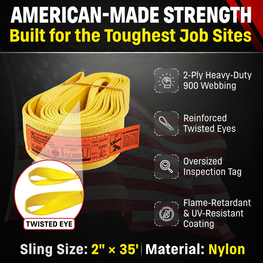 DD Sling 2 Inch x 35 Foot Nylon Lifting Sling – USA Made, 6,400 lb Vertical, 5,100 lb Choker, 12,800 lb Basket – 2-Ply Heavy Duty 900 Webbing, Type 4 Twisted Eye & Eye Rigging Sling