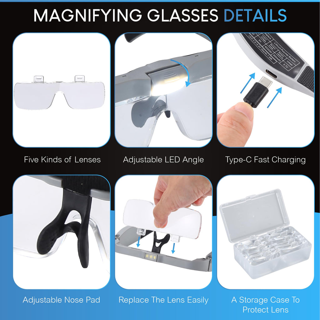 YOCTOSUN Magnifying Glasses with Light, Head Magnifier Glasses with 5 Detachable Lenses 0.75X-4.0X and 3 LED Lights, Rechargeable Hands Free Eyeglasses Magnifier for Close Work Jewelry Crafts Hobby