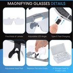 YOCTOSUN Magnifying Glasses with Light, Head Magnifier Glasses with 5 Detachable Lenses 0.75X-4.0X and 3 LED Lights, Rechargeable Hands Free Eyeglasses Magnifier for Close Work Jewelry Crafts Hobby
