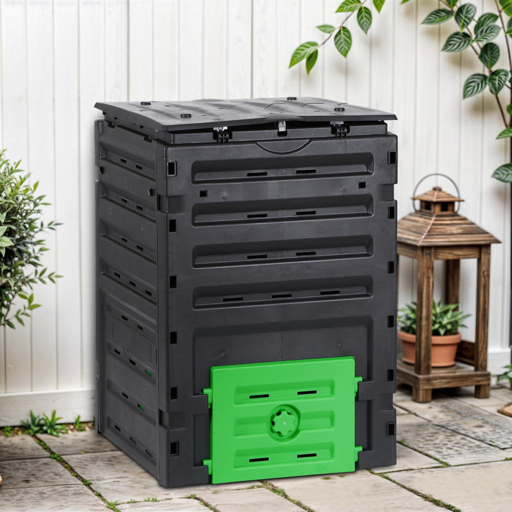 SUPER DEAL 120 Gallon Compost Bin, 450L Outdoor Garden Waste Composter with Flip-top Lid and Bottom Door, Large Capacity BPA Free Material for Fast Creation of Fertile Soil, Easy to Assemble, Black
