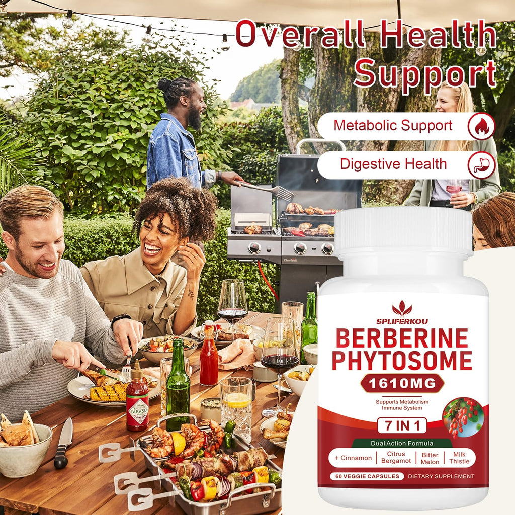 Spliferkou 7-in-1 Berberine Phytosome with Ceylon Cinnamon, Berberine Complex Supports Metabolic, Liver Function and Immune System, Non-GMO - 60 Capsules