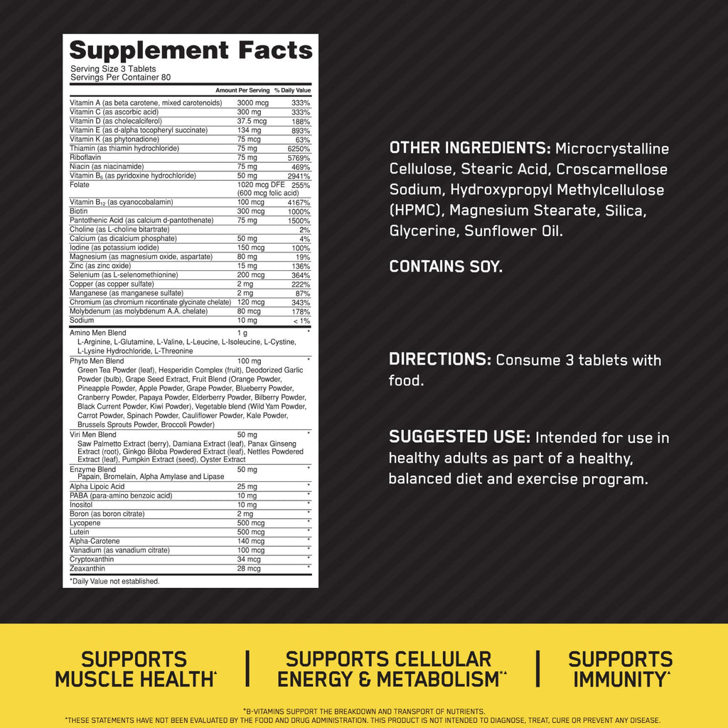 Optimum Nutrition Opti-Men Daily Multivitamin for Men, Immune Support Supplement with Amino Acids, 80 Day Supply, 240 Count, (Packaging May Vary)