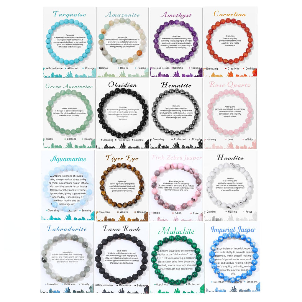 Jewdreamer 16PCS Natural Crystal Bracelets for Women Men - 8mm Semi-Precious Gemstone Beaded Bracelets, Round Gemstones Stretch Bracelet, Yoga Bracelets Jewelry Gift