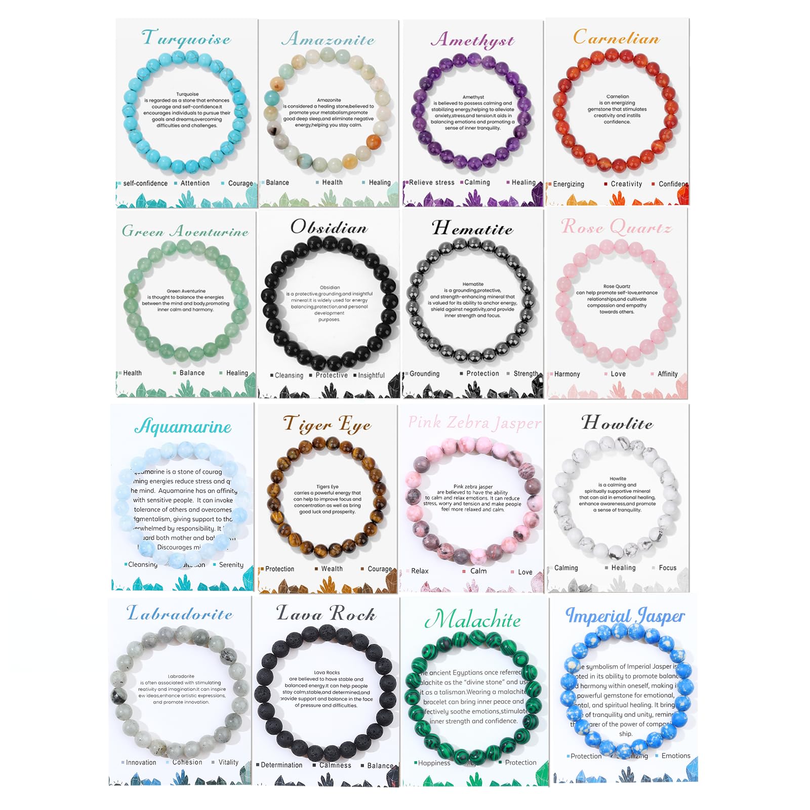 Jewdreamer 16PCS Natural Crystal Bracelets for Women Men - 8mm Semi-Precious Gemstone Beaded Bracelets, Round Gemstones Stretch Bracelet, Yoga Bracelets Jewelry Gift
