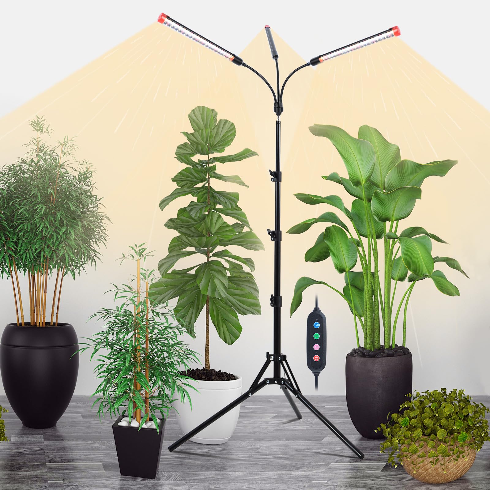 Orchbloom 3Head Grow Light with Stand, 5-Mode Timer 4/8/12/16/20H, 27 Watt Power Home Plug LED Grow Lights for Indoor Plants for Tall Houseplants, Bonsai Tree, Seed Starting, 24"-64" Adjustable Height