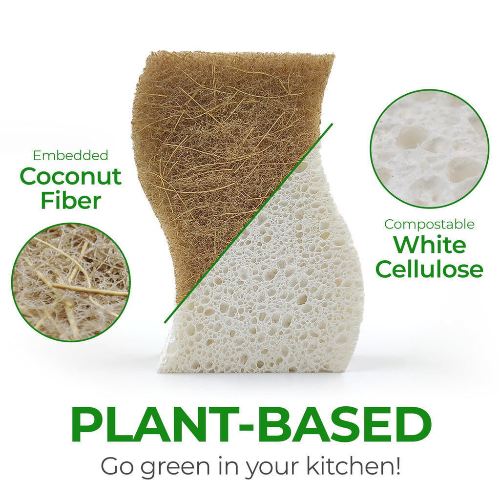 AIRNEX Natural Kitchen Sponges (12 Pack) - Biodegradable Cellulose & Coconut Scrubber Dish Sponges for Kitchen - Eco-Friendly, Non Scratch, Compostable, Non Toxic S-Shaped Natural Sponges for Dishes