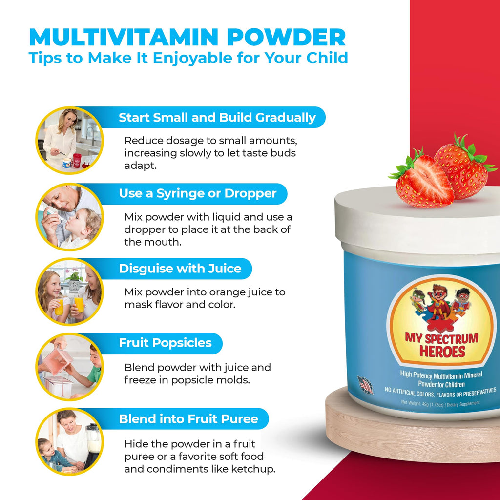 My Spectrum Heroes Kids Powder Multivitamin - Strawberry Powder Supplement, Better Absorption, Non-GMO, Non-Gluten, No Artificial Ingredients - Neural Help for Children on The Spectrum - 30 Servings