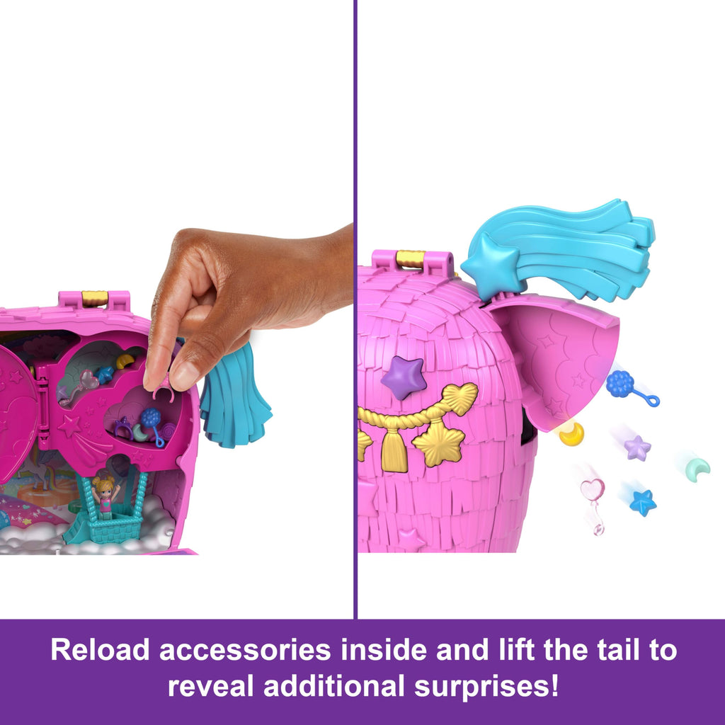 Polly Pocket Dolls & Playset with Pets & 25+ Surprise Accessories, Birthday Celebration Unicorn Partyland Playset, Hot Air Balloon Ride