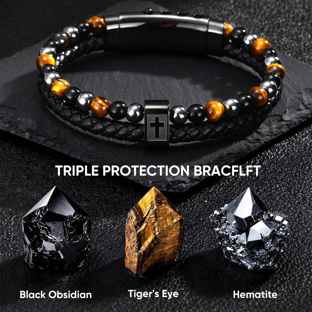 Fathers Day Cross Bracelet Gifts for Men Him - Triple Protection Healing Hematite Black Obsidian Tiger Eye Beaded Rosary Bracelets, Faith Religious Catholic Christian Communion Gift, Joshua 1:9