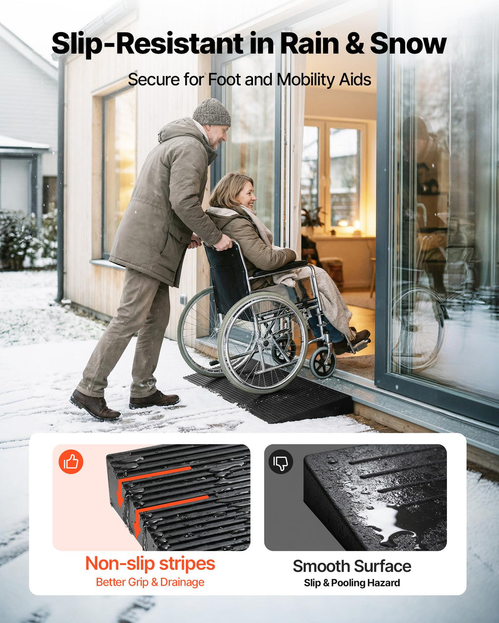 VEVOR 1.6" Rise Cuttable Threshold Ramp for Doorways, 35.4" Wide Natural Rubber Wheelchair Ramp, Non-Slip Solid Rubber Ramp with Double-Sided Tape for Doorways,Driveways,Bathroom,Smooth Tile