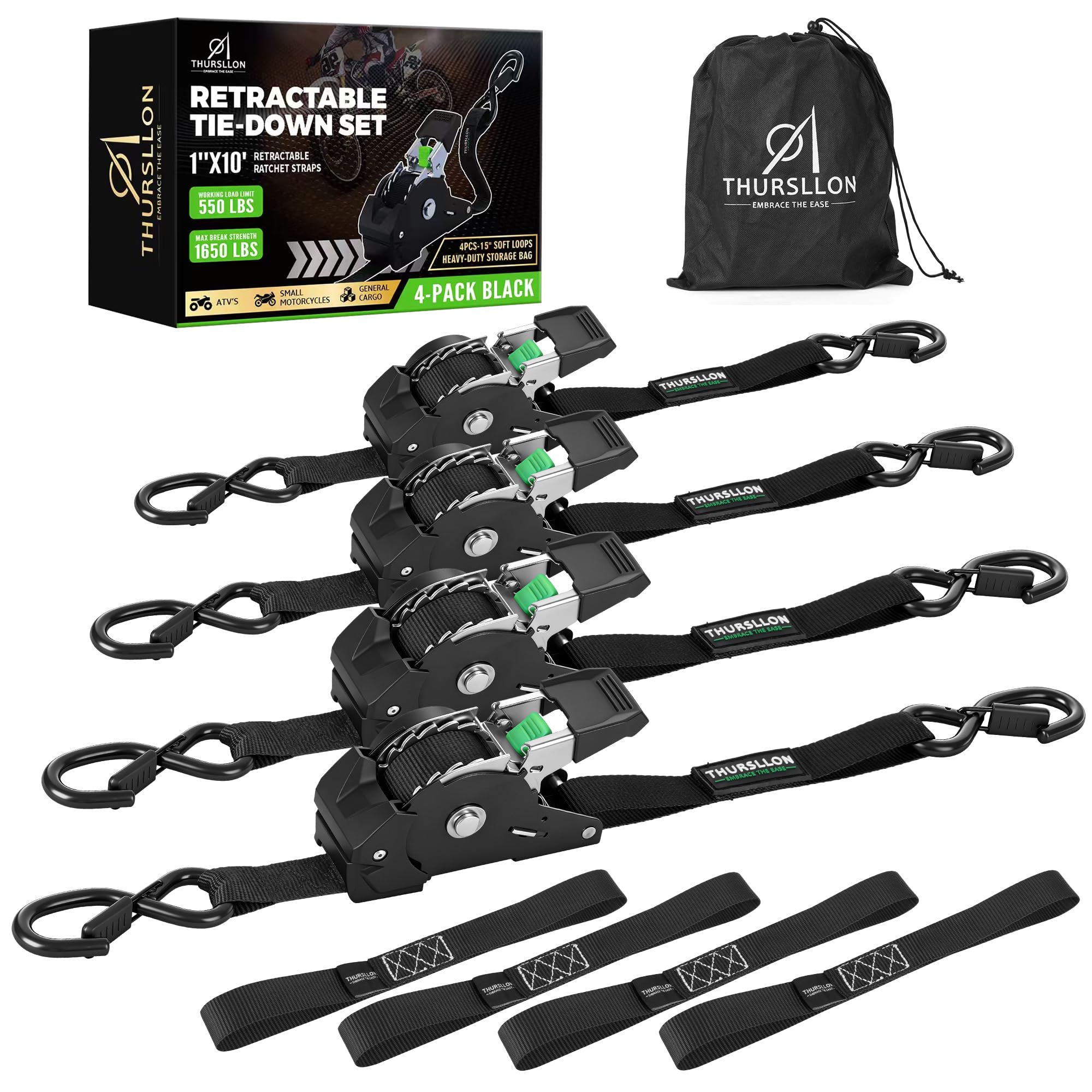 THURSLLON Retractable Ratchet Straps (4-Pack) - 1 Inch x 10 Feet (1,650lb Break Strength) - Auto Self Retracting Tie Down Straps for Truck, Cargo Trailer, Motorcycle, ATV, UTV - Black