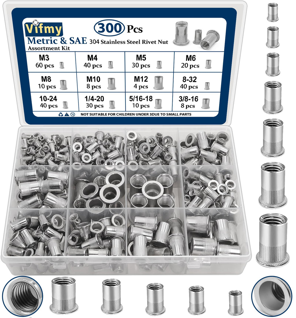 Vifmy Metric & SAE Rivet Nut Assortment Kit(300 Pcs), M3 M4 M5 M6 M8 M10 M12#8-32#10-24 1/4"-20 5/16"-18 3/8"-16 304 Stainless Steel Rivnut Set UNC Flat Head Nutsert