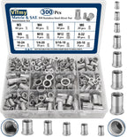 Vifmy Metric & SAE Rivet Nut Assortment Kit(300 Pcs), M3 M4 M5 M6 M8 M10 M12#8-32#10-24 1/4"-20 5/16"-18 3/8"-16 304 Stainless Steel Rivnut Set UNC Flat Head Nutsert