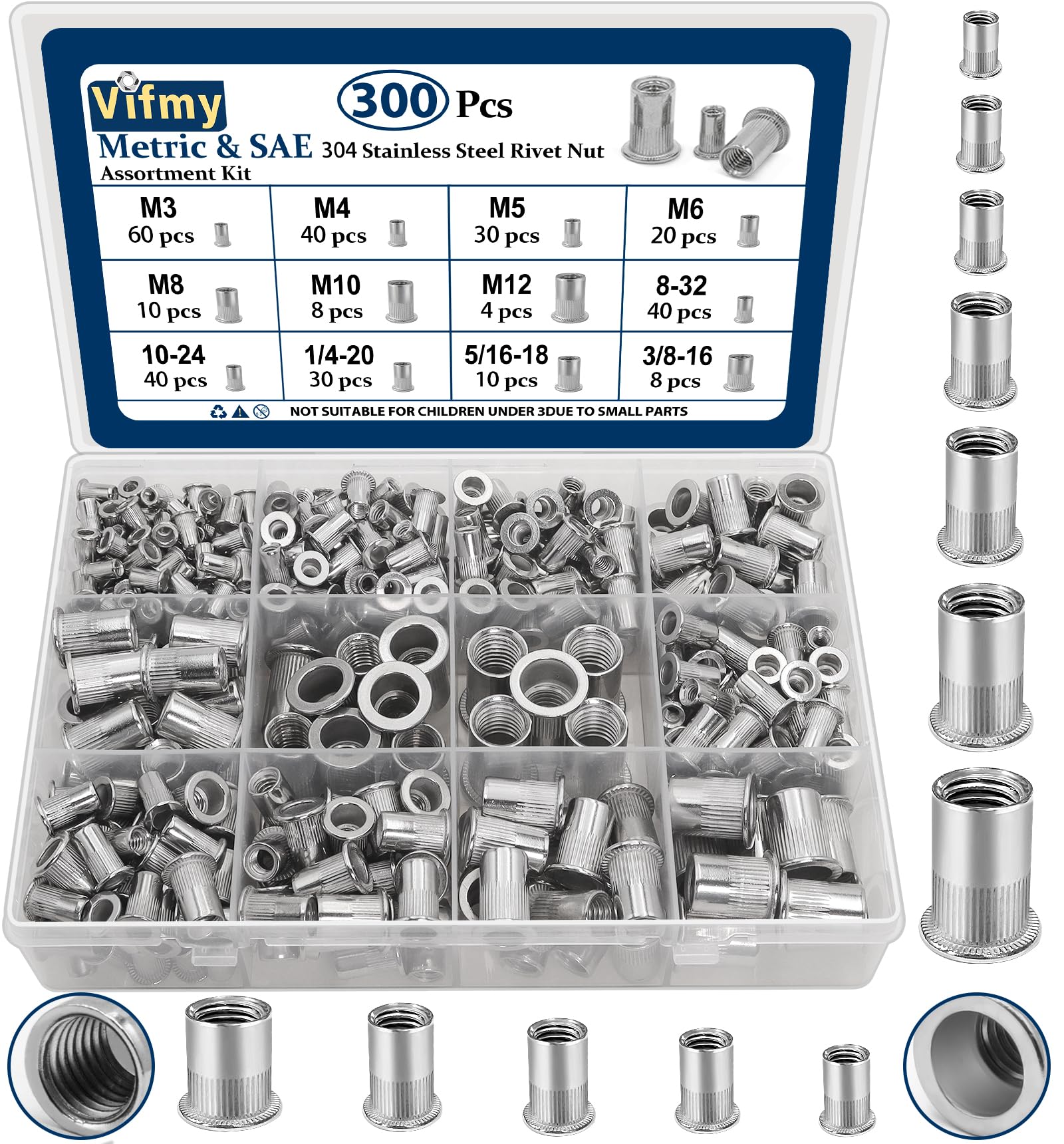 Vifmy Metric & SAE Rivet Nut Assortment Kit(300 Pcs), M3 M4 M5 M6 M8 M10 M12#8-32#10-24 1/4"-20 5/16"-18 3/8"-16 304 Stainless Steel Rivnut Set UNC Flat Head Nutsert
