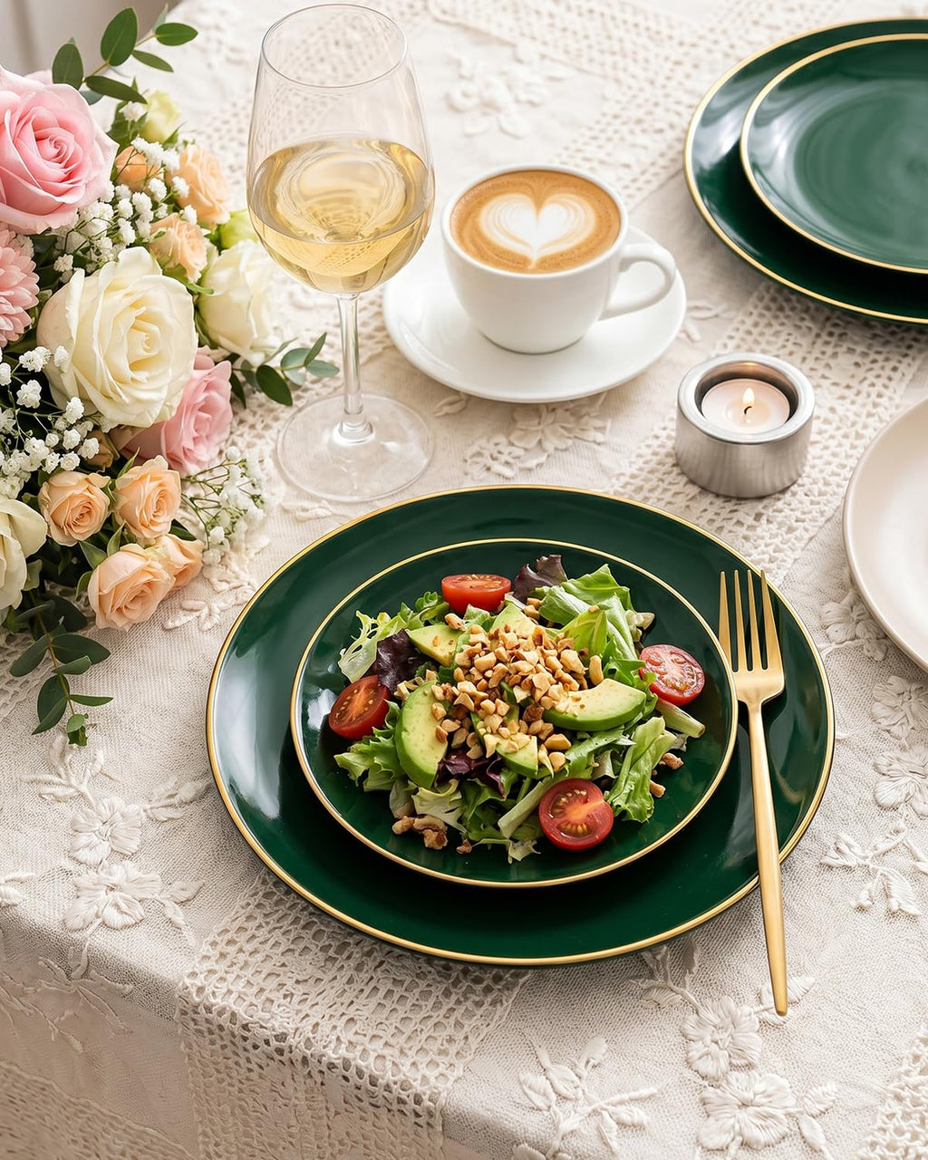 PULOTE 100PCS Green Plastic Plates - Green Disposable Plates With Gold Rim - Include 50 Pieces Dinner 10.25inch,50 Pieces Dessert 7.5inch for Party&Christmas