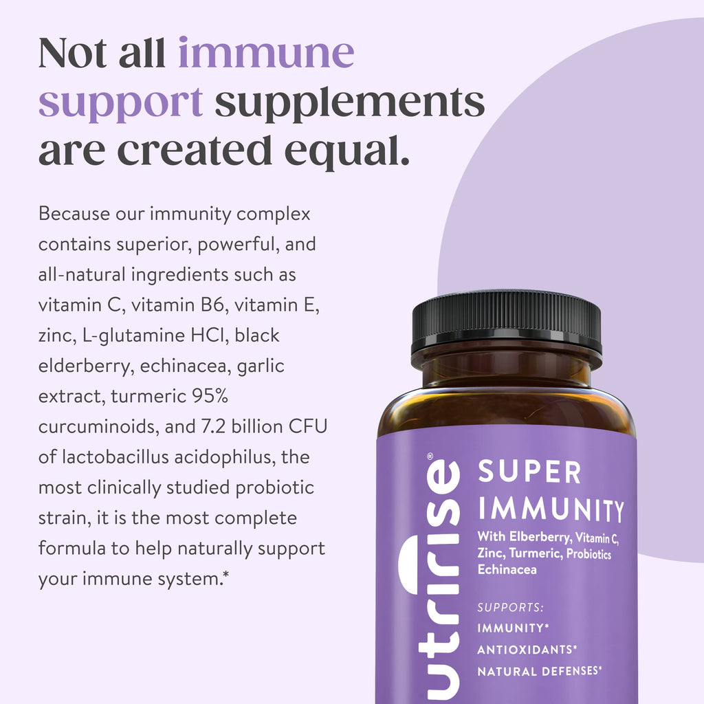 NutriRise Immunity Complex Immune Support Supplement with Vitamin C, E, B6, Zinc, Turmeric Curcumin, Elderberry, Echinacea, 7.2 Billion CFU Probiotics for Gut Health, 90 Count