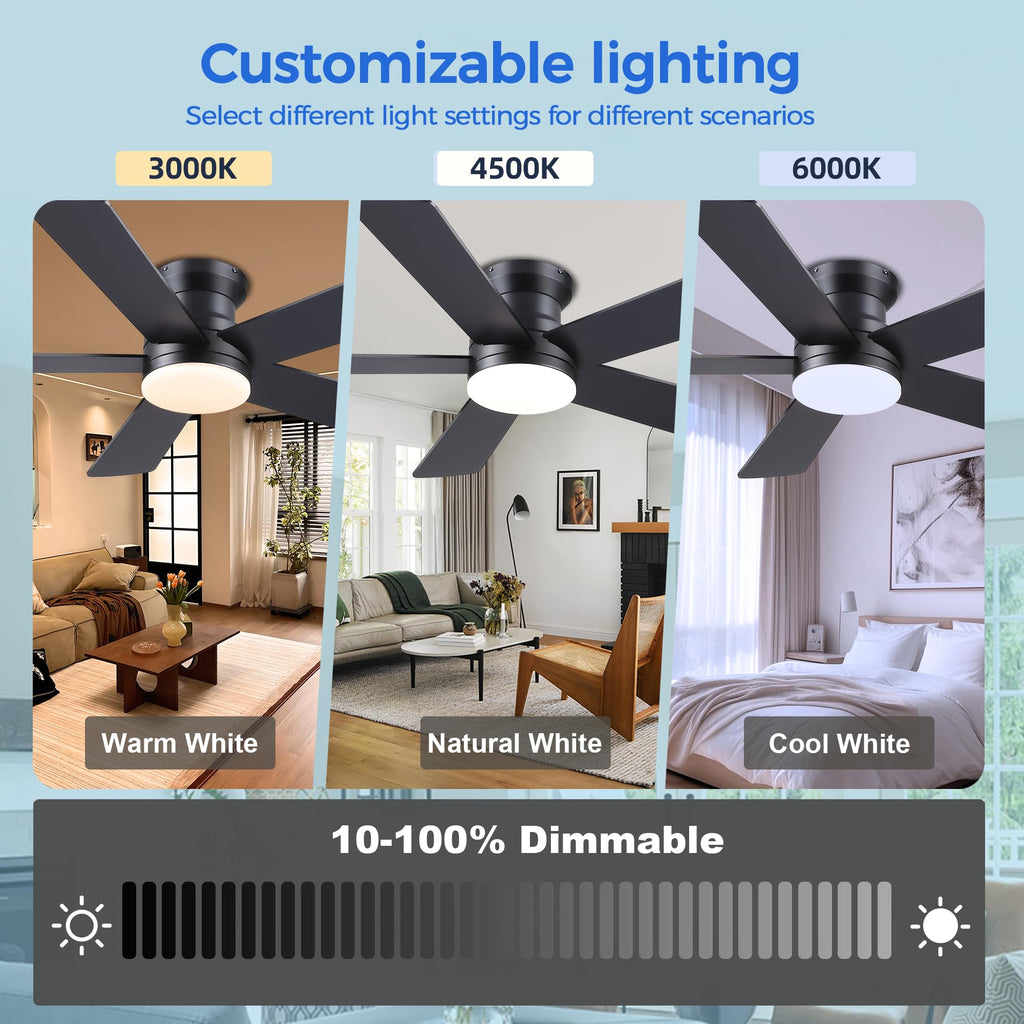 Ayaoty Ceiling Fans with Lights - 48" Black Flush Mount Ceiling Fan Light with 6 Speeds 3CCT Dimmable, Revesible Motor, Low Profile Fan Light for Modern Indoor Bedroom, Kitchen