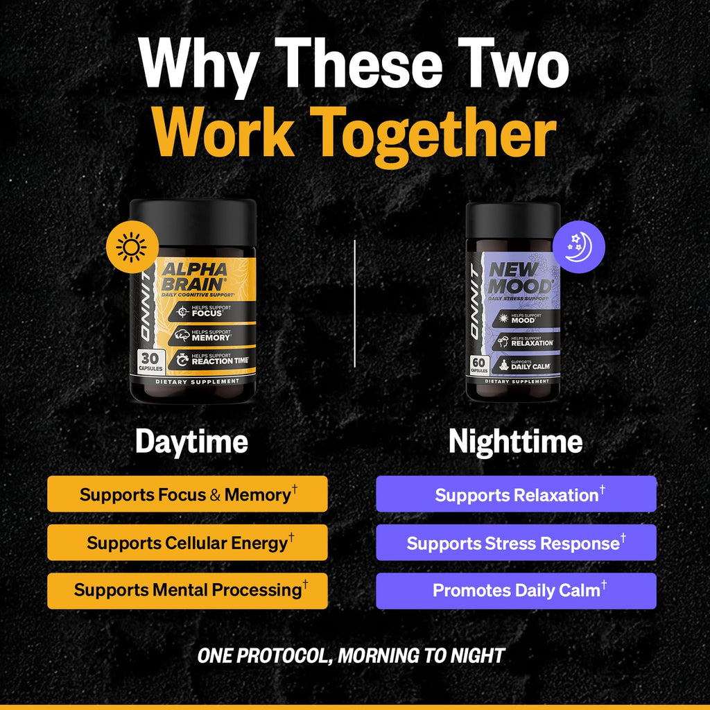 ONNIT Cognitive & Mood Support Bundle: Alpha Brain Nootropic Capsules (30 Count) + New Mood Stress Support Capsules (60 Count), IGEN Non-GMO Tested Focus, Mental Clarity, Relaxation & Sleep, 2 Pack