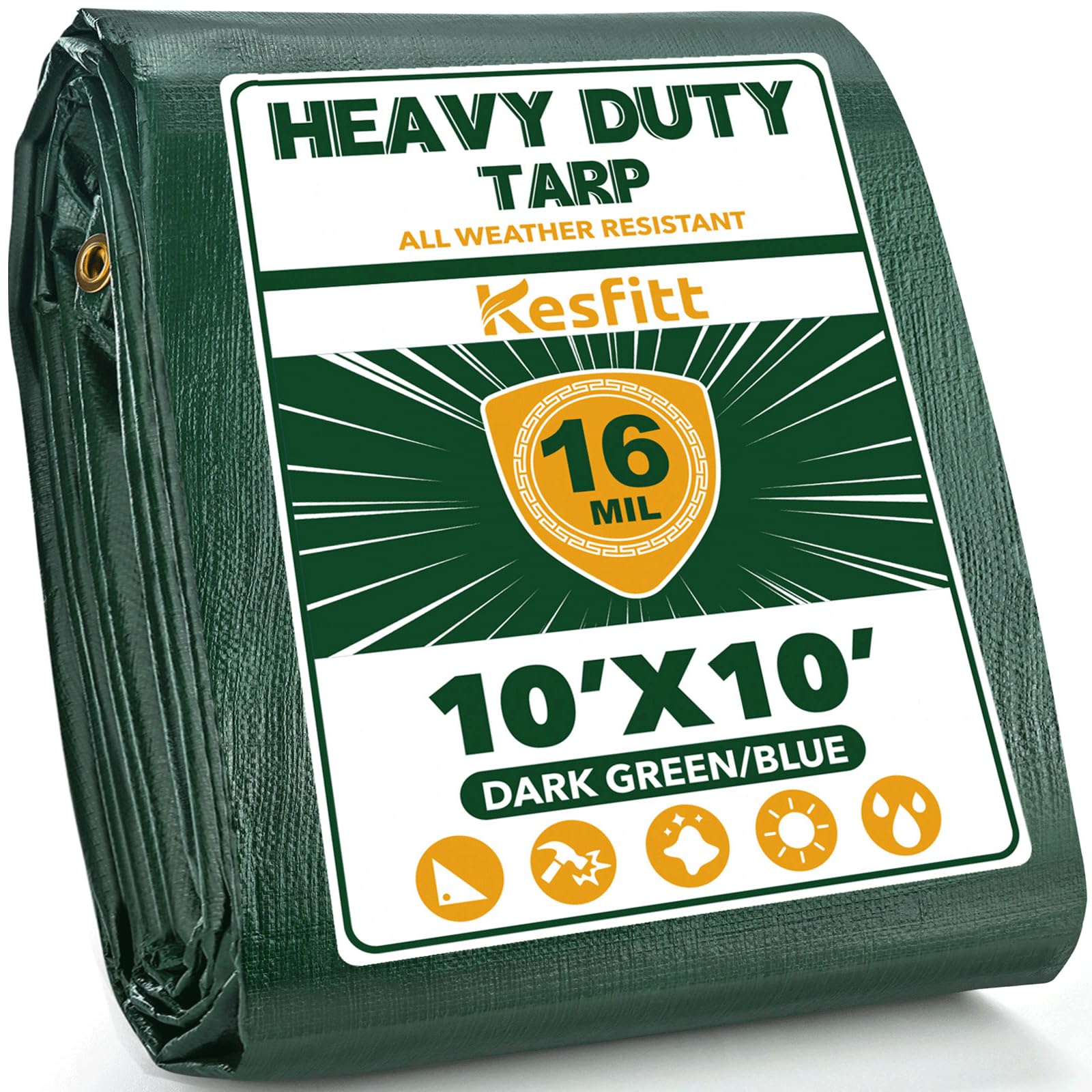 Kesfitt 16 Mil Heavy Duty Waterproof Tarp with Metal Grommets, Dark Green & Blue Reversible Poly Tarp, 10x10 ft, for Outdoor Protection, Yard, Garden, Farm, Camping & Equipment Coverage