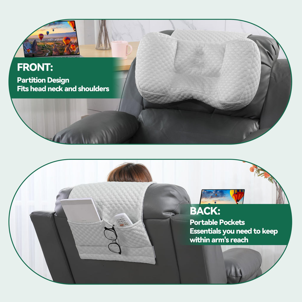 MABOZOO Neck Pillows for Recliners with Pocket,Headrest Cushion for Neck Pain Relief and Cervical Support,Recliner Head Pillow for Side Sleeping at Home, Office or Traveling (Grey & White)