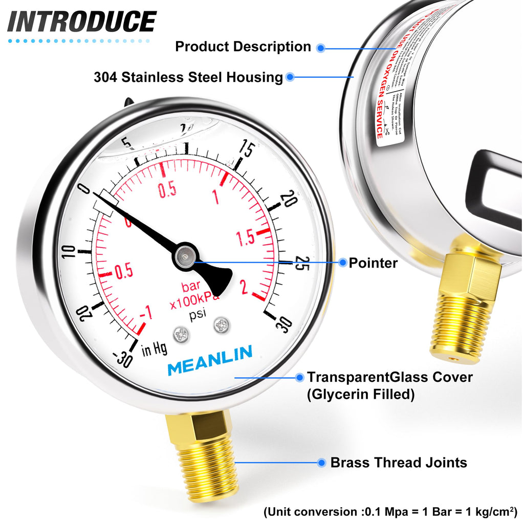 MEANLIN MEASURE -30inHG~30Psi Stainless Steel 1/4" NPT 2.5" FACE DIAL Vacuum Pressure Gauge, Lower Mount, with 1/2" NPT and 3/8" NPT Hex Bushing