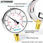 MEANLIN MEASURE -30inHG~30Psi Stainless Steel 1/4" NPT 2.5" FACE DIAL Vacuum Pressure Gauge, Lower Mount, with 1/2" NPT and 3/8" NPT Hex Bushing