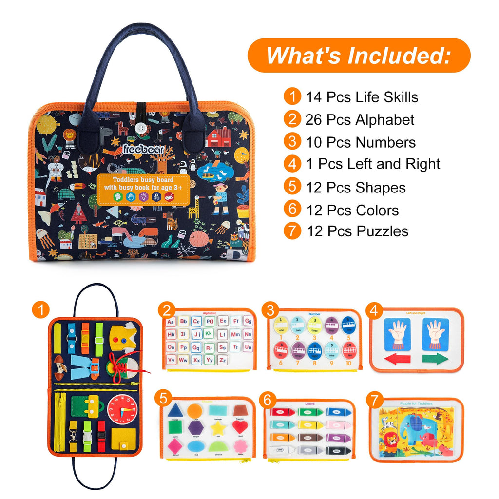 Freebear Busy Board Toddler Travel Sensory Toys for 1 2 3 4, Montessori Learning Activities Board, Educational Toys for 3 4 Year Old Boys Girls Gift, Classic