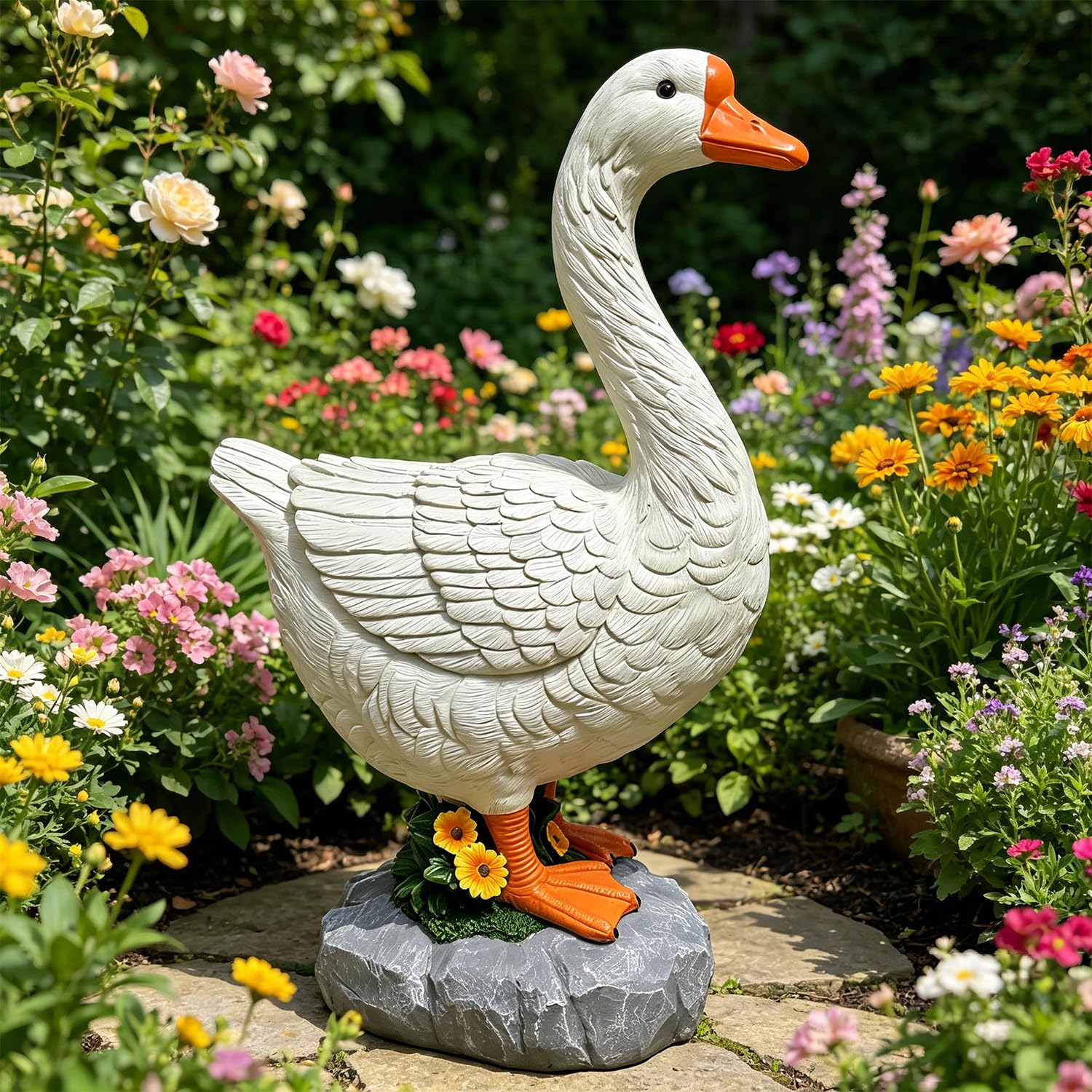 ZVBBON Large Porch Goose Statue Premium 20” Realistic Hollow Resin Garden Goose Stone Base with Sand-Fillable Design for Outdoor Stability Birthday Housewarming Gift for Kids Women Mom Friends