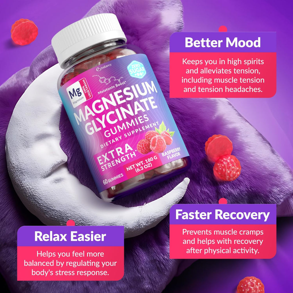 Magnesium Glycinate Gummies 400mg, Muscle Support and Relaxation, Magnesium Supplement for Women, Men and Kids, High Absorption, Sugar Free, Vegan, 60 Days Supply, Raspberry Flavor