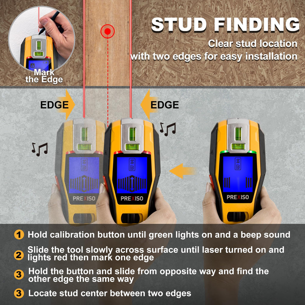 PREXISO 2-in-1 Stud Finder with Laser Level, Rechargeable Multi Surface Cross Line Laser & Wall Stud Scanners Tool for Hanging Frames & Picture, Wood Ac Wire Metal Studs Pipe Detection Gift for Dad