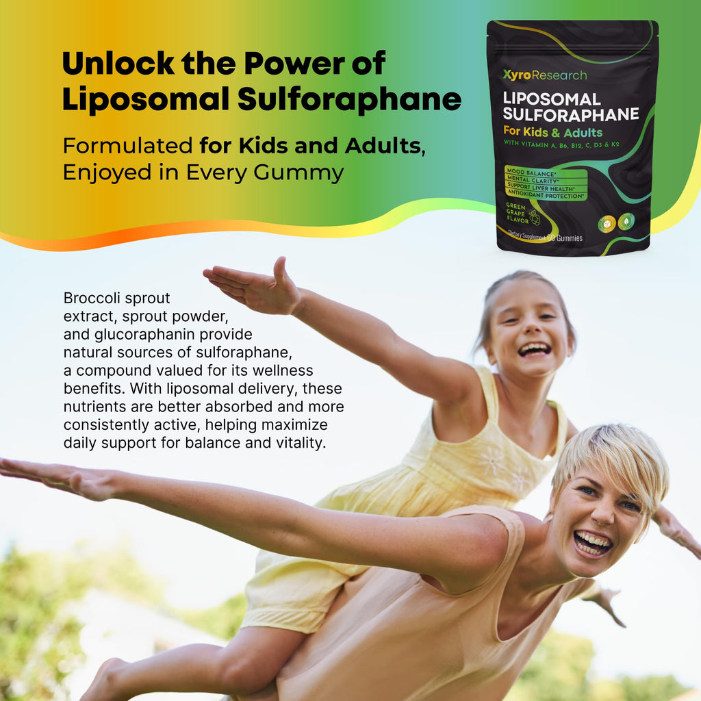 Xyro Research Liposomal Sulforaphane Gummies - 150mg Broccoli Sprout Extract with Vitamins Supplement for Kids Adults - Antioxidant Cellular Health & Liver Detox Support - Non-GMO Vegan Sugar-Free