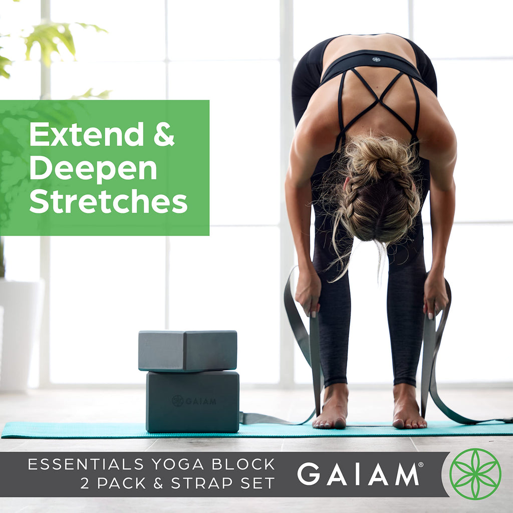 Gaiam Yoga Block & Yoga Strap Combo Set - Yoga Block with Strap, Pilates & Yoga Props to Help Extend & Deepen Stretches, Yoga Kit for Stability, Balance & Optimal Alignment, 2