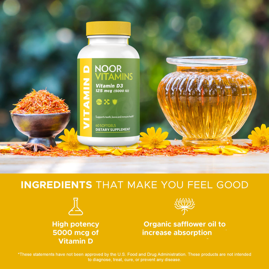 Noor Vitamins Halal Vitamin D, Halal Vitamin D3, 5000 IU Softgels, Supports Bone, Immune & Heart Health, from Safflower Oil to Maximize Absorption, Non-GMO, Gluten Free & Halal (60 Count)…