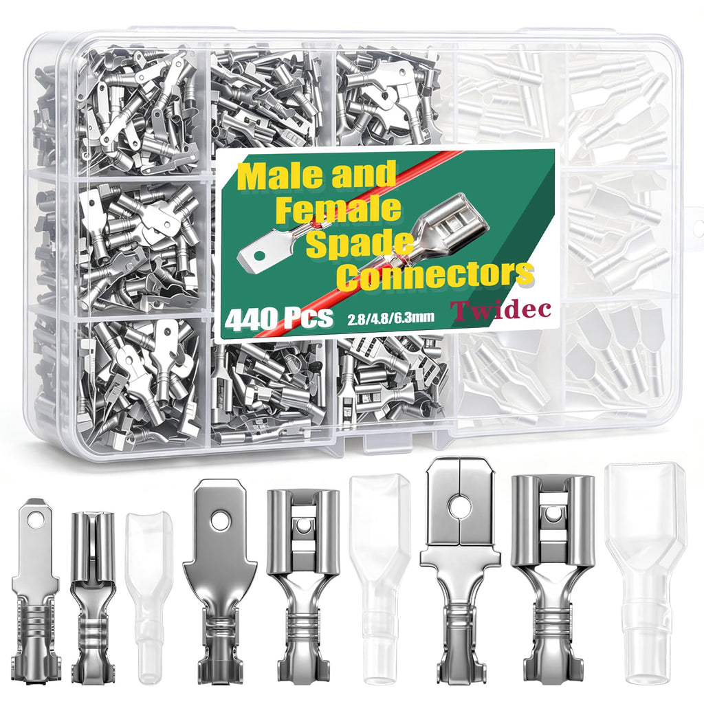Twidec/440Pcs 2.8/4.8/6.3mm Quick Splice Male and Female Wire Spade Connector Crimp Terminal Block Assortment Kit with Insulating Sleeve for Electrical Wiring Car Audio Speaker