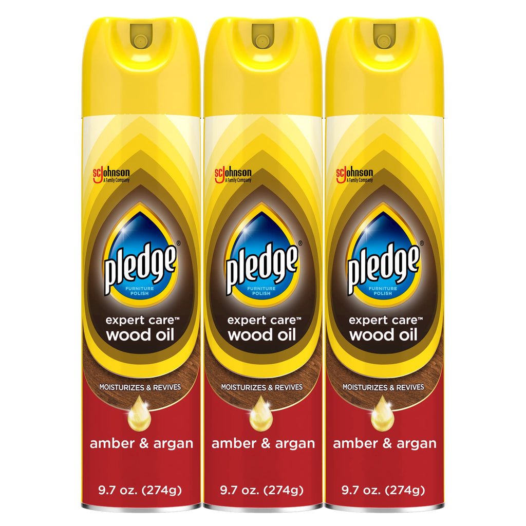 Pledge Moisturizing Wood Oil, Furniture Reviving & Protecting Conditioner and Dusting Spray, Revitalizes Wood, Sealed Leather & Laminate, Made with Mineral Oils - Amber & Argan Scent, 9.7oz, Pack of 3