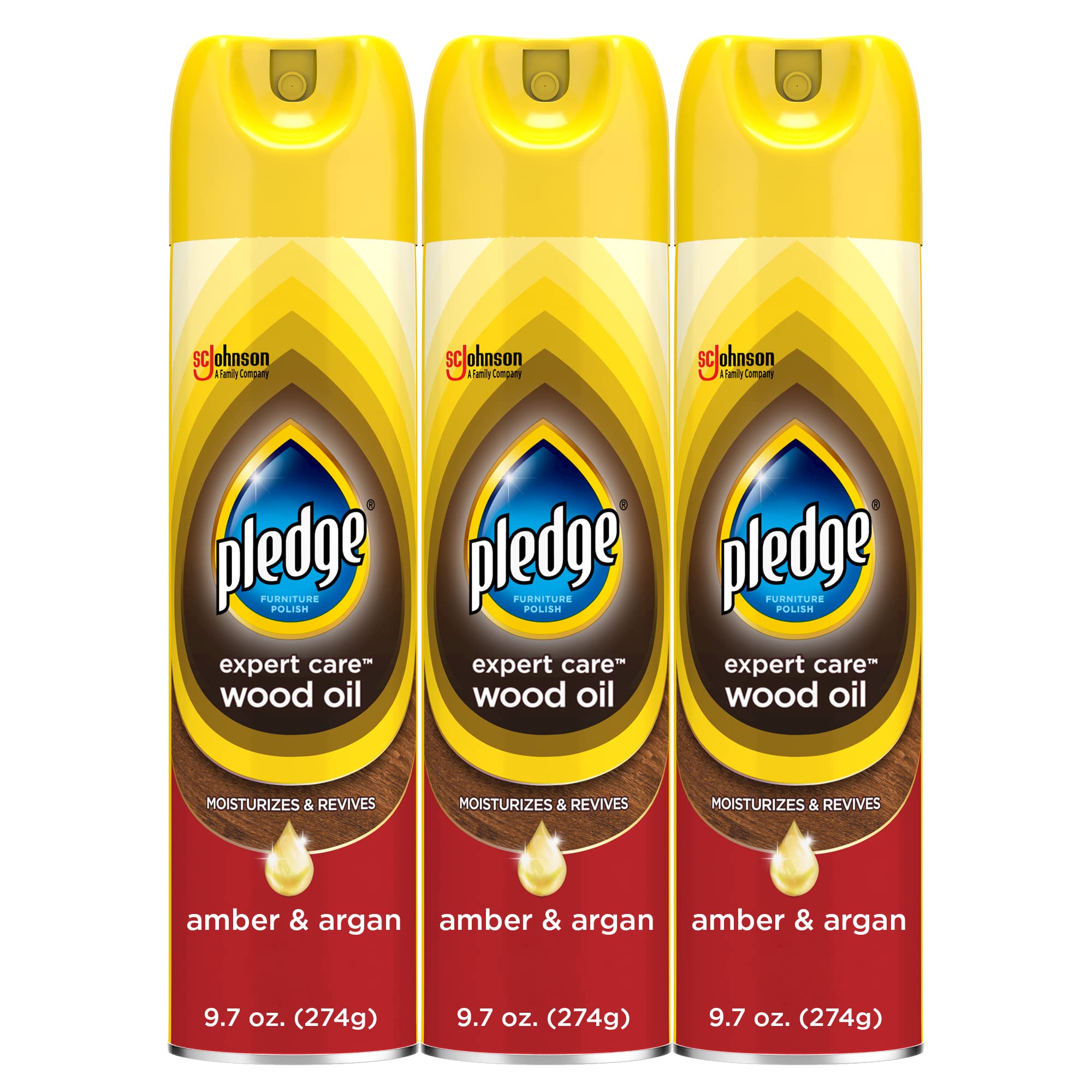 Pledge Moisturizing Wood Oil, Furniture Reviving & Protecting Conditioner and Dusting Spray, Revitalizes Wood, Sealed Leather & Laminate, Made with Mineral Oils - Amber & Argan Scent, 9.7oz, Pack of 3