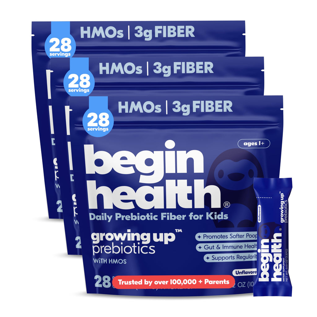 Begin Health Growing Up® Prebiotics for Kids 84-Packs | Prebiotic Soluble Powder Stool Softeners & Digestive Gut Health Supplement | Ideal to Mix with Kids Daily Beverages and Soft Foods - Unflavored