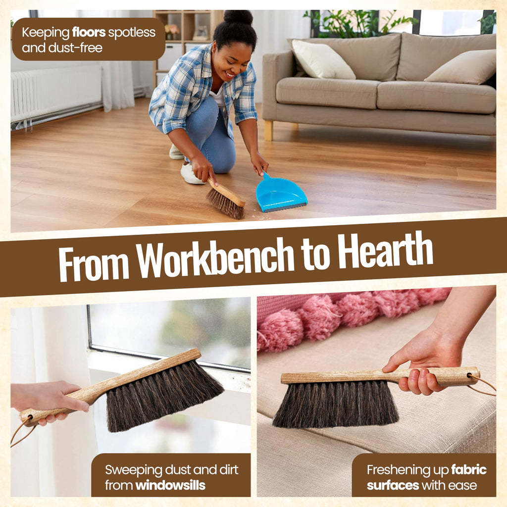 Dustpan Bench Woodworking Brush-USA 13 inch Horsehair Brushes are Used for Counter, Furniture, Drafting, Patio, Fireplace Cleaning, Shop Brush, Leather Tie, Woodworking Tool & Accessories