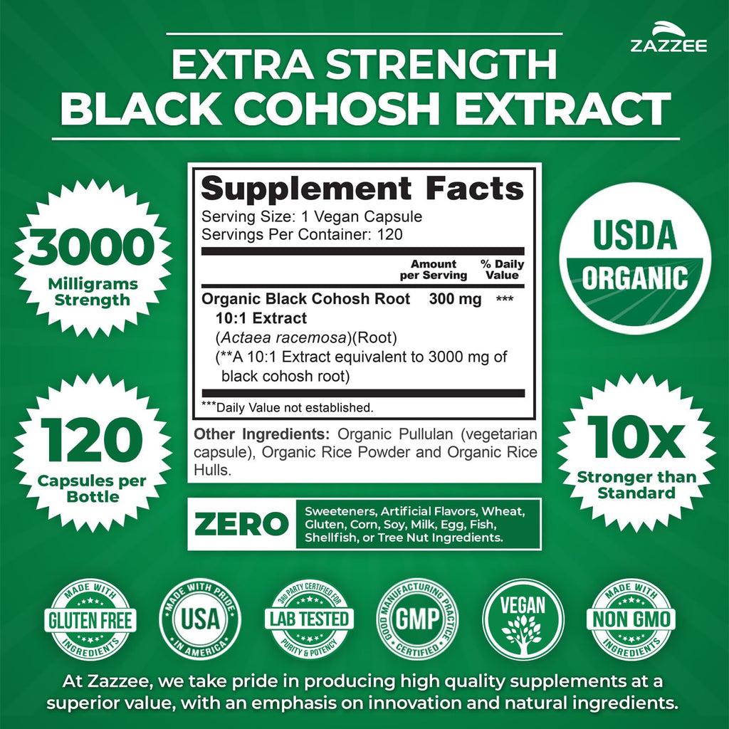 Zazzee USDA Organic Black Cohosh 10:1 Extract, 3000 mg Strength, 120 Vegan Capsules, 4 Month Supply, Standardized and Concentrated 10X Extract, 100% Vegetarian, All-Natural, Non-GMO, Made in The USA