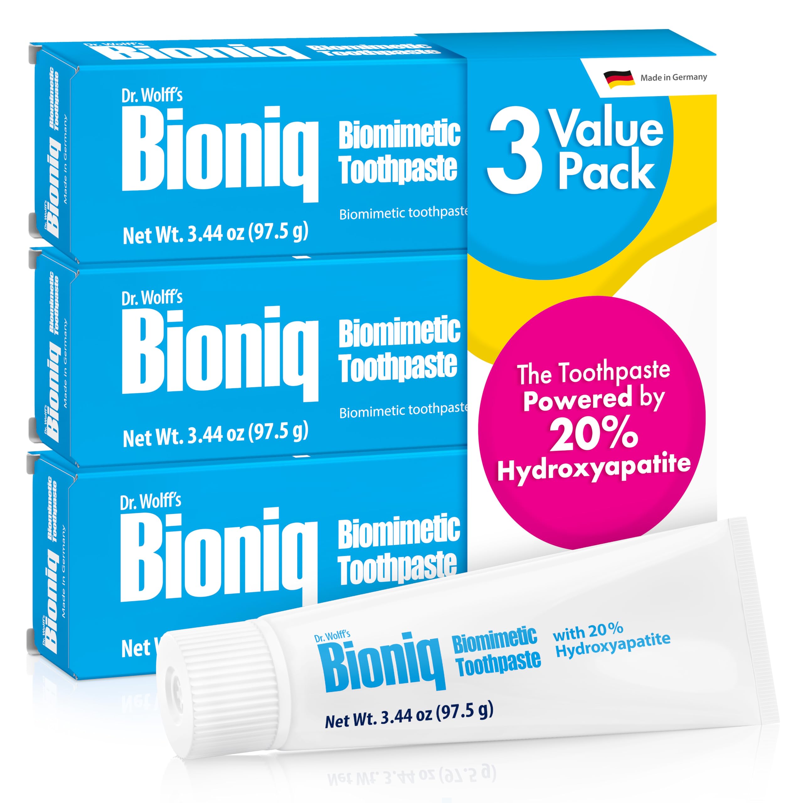 Bioniq Classic - 20% Hydroxyapatite Toothpaste, bioHAP and Fluoride Free Daily Use, Clinically Tested - Our Expert Enamel Care, Mint Flavor - 3 x 3.44 Oz