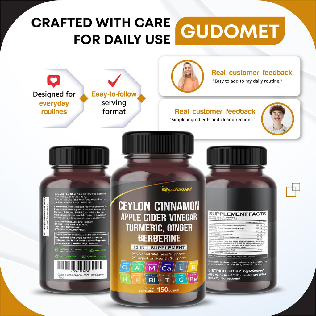 Ceylon Cinnamon Apple Cider Vinegar Turmeric Ginger Root Berberine Gymnema sylvestre Milk Thistle Licorice -150 Capsules